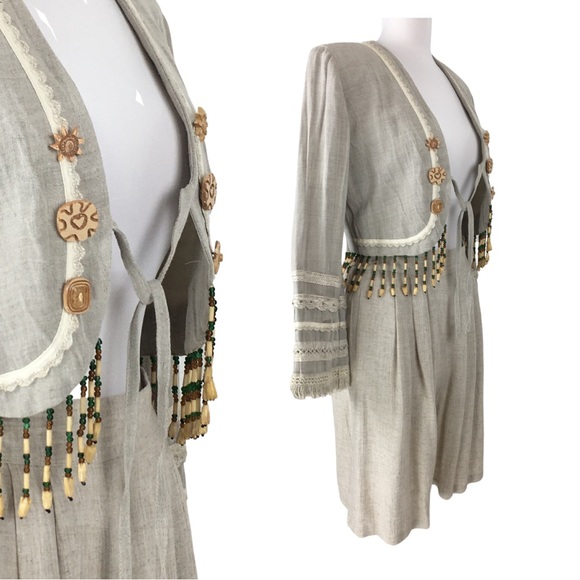 Vintage Sue Wong Linen 2 Piece Suit Jacket Gauchos Linen Wooden Beads size Small - Picture 3 of 16